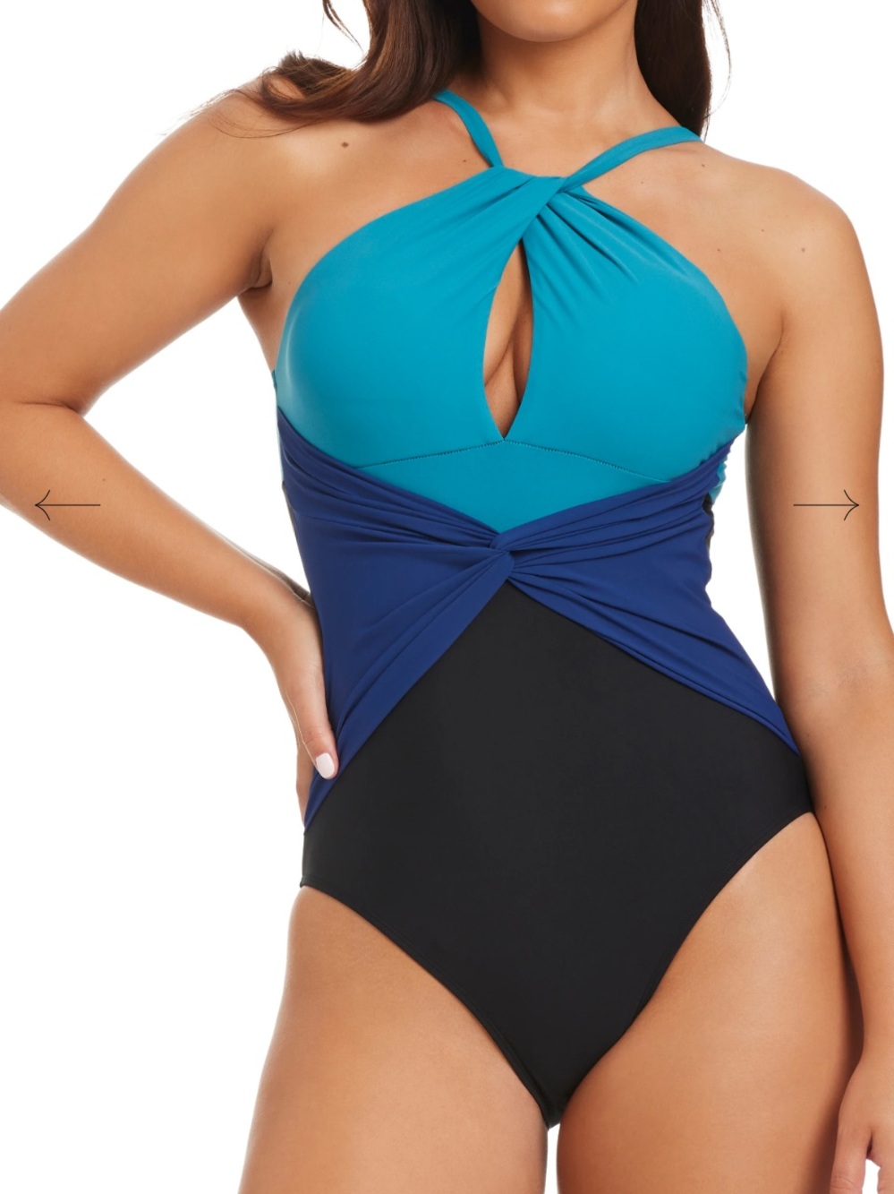 Beyond Control - 1 piece Twist-Front One-Piece Swimsuit in Teal, Navy & Black